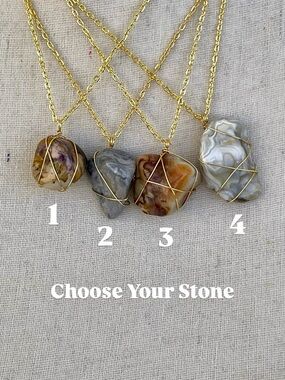 Handmade Agate Gemstone Necklace Gold Tone Wire-Wrapped Choose Your Stone